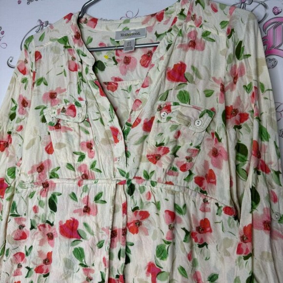 Floral blouse cinch at waist cream yellow white red green orange flowers cute - Picture 5 of 8